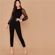 Load image into Gallery viewer, SHEIN Black Pearl Mesh Sleeve Form Fitted O-Neck High Waist Carrot Cropped Jumpsuit
