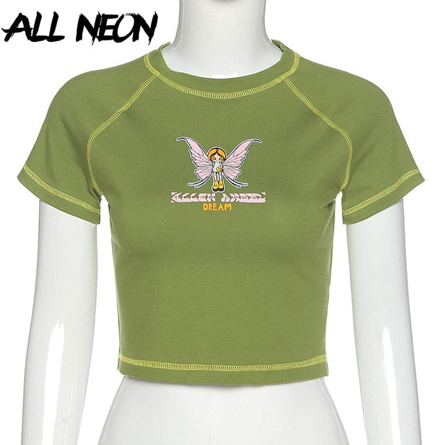ALLNEON Butterfly Graphic and Letter Printing Stitch Crop Top