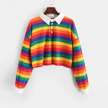 Load image into Gallery viewer, QRWR Women Long Sleeve Rainbow Button Striped Crop Top