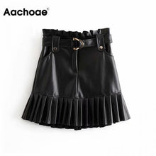 Load image into Gallery viewer, AACHOAE Women Black PU Leather Skirt with Belt