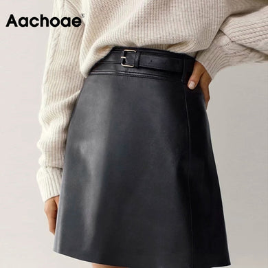 AACHOAE Women Black PU Faux Leather Skirt With Belt