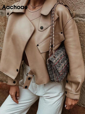 AACHOAE Women Turn Down Collar Long Sleeve Faux Leather Coat