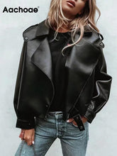 Load image into Gallery viewer, AACHOAE Women Turn Down Collar Long Sleeve Faux Leather Coat
