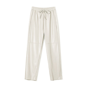 WOTWOY Women Drawstring High Waist Loose Leather Pants
