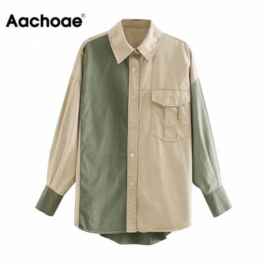 AACHOAE Women Patchwork Loose Long Sleeve Cotton Shirt Jacket Coat