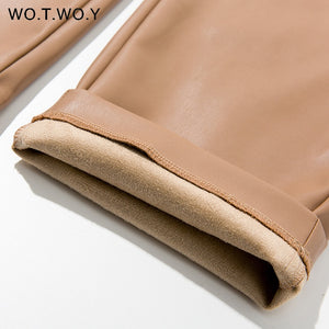 WOTWOY Women Drawstring High Waist Loose Leather Pants
