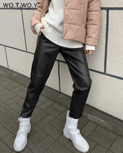 Load image into Gallery viewer, WOTWOY Women Drawstring High Waist Loose Leather Pants