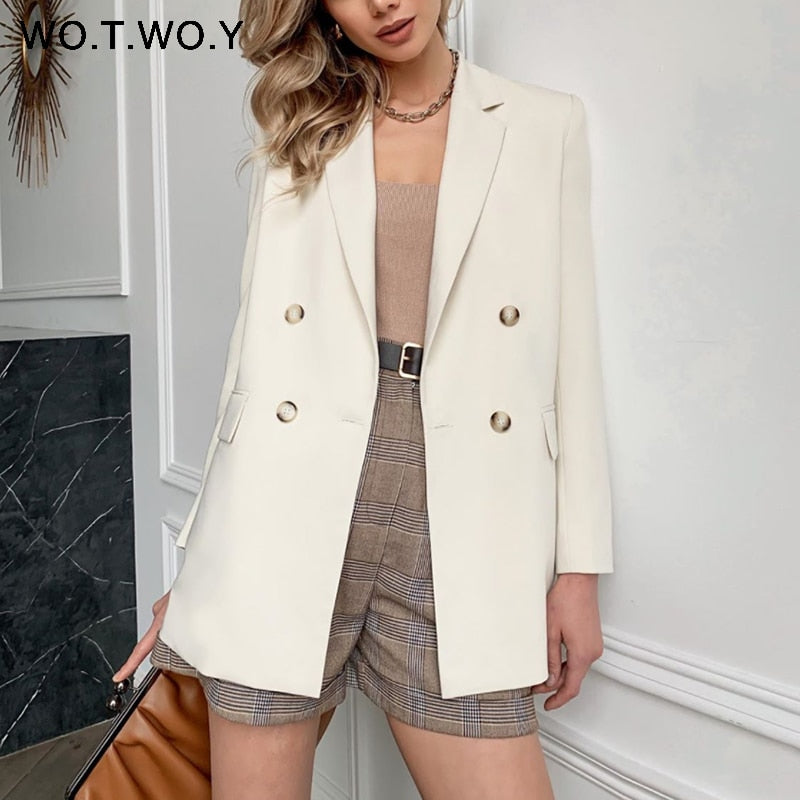 WOTWOY Women White Blazer Coat