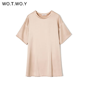 WOTWOY Oversized Satin T-shirt Dress
