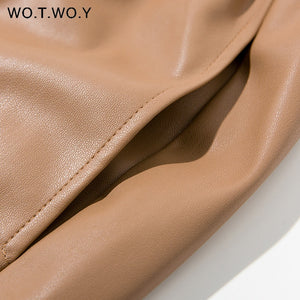 WOTWOY Women Drawstring High Waist Loose Leather Pants