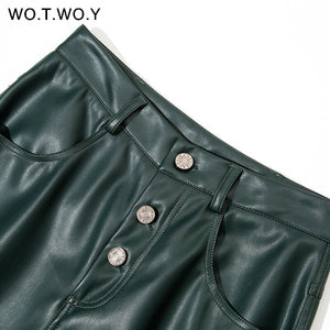 WOTWOY High Waisted Elegant Loose Leather Pants