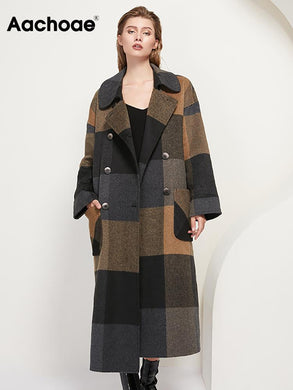 AACHOAE Women Vintage Plaid Woolen Long Coat With Pockets