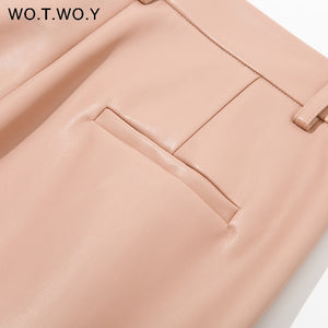 WOTWOY High Waist Loose Leather Pants