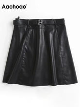 Load image into Gallery viewer, AACHOAE Women Black PU Faux Leather Skirt With Belt
