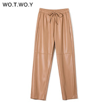 Load image into Gallery viewer, WOTWOY Women Drawstring High Waist Loose Leather Pants