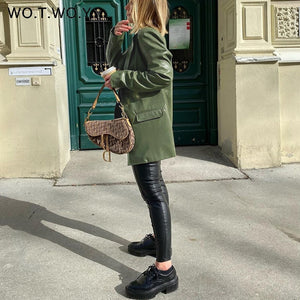 WOTWOY Women Oversized Turn Down Leather Blazer Jacket
