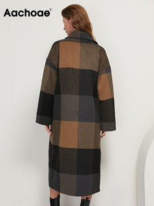 AACHOAE Women Vintage Plaid Woolen Long Coat With Pockets