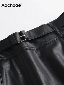 AACHOAE Women Black PU Faux Leather Skirt With Belt