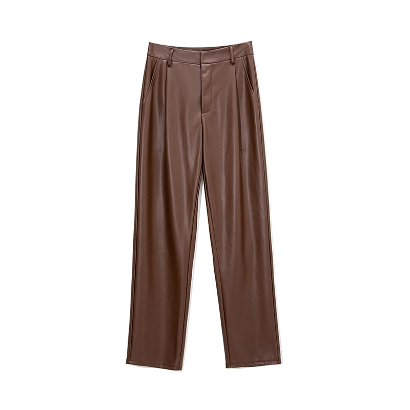 WOTWOY High Waist Loose Leather Pants