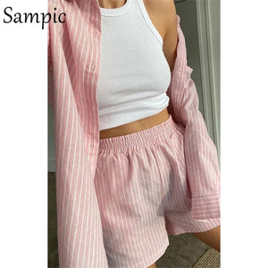 SAMPIC Women 2pc Stripe Long Sleeve Shirt And Loose High Waisted Mini Shorts