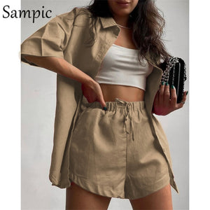 SAMPIC Women 2pc Stripe Long Sleeve Shirt And Loose High Waisted Mini Shorts
