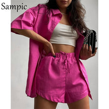 Load image into Gallery viewer, SAMPIC Women 2pc Stripe Long Sleeve Shirt And Loose High Waisted Mini Shorts
