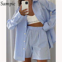 Load image into Gallery viewer, SAMPIC Women 2pc Stripe Long Sleeve Shirt And Loose High Waisted Mini Shorts