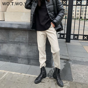WOTWOY Women Drawstring High Waist Loose Leather Pants