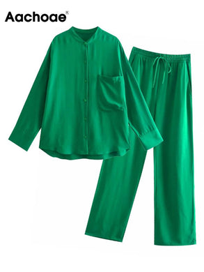 AACHOAE Women 2 Piece Set Pants And Long Sleeve Blouse