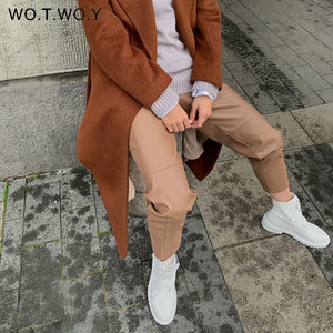 WOTWOY Women Drawstring High Waist Loose Leather Pants