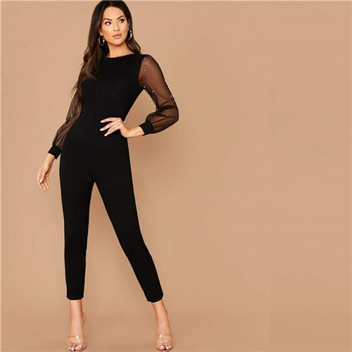 SHEIN Black Pearl Mesh Sleeve Form Fitted O-Neck High Waist Carrot Cropped Jumpsuit