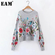 Load image into Gallery viewer, [EAM] Round Neck Long Sleeve Flower Embroidered Knitting Sweater