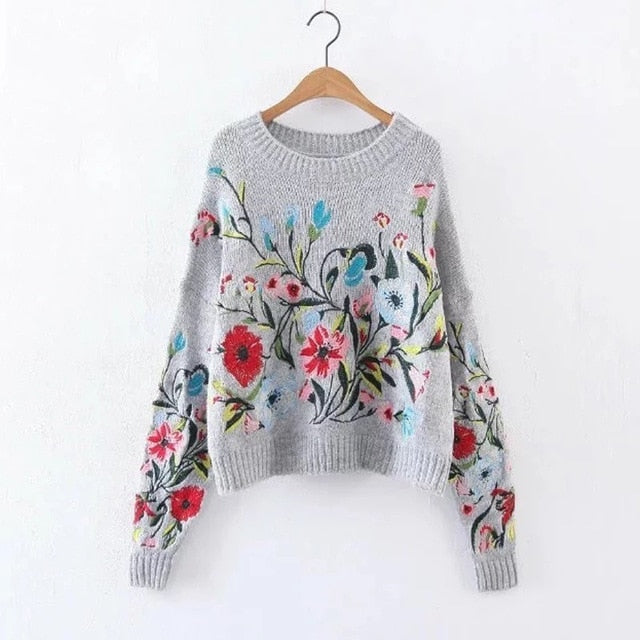 [EAM] Round Neck Long Sleeve Flower Embroidered Knitting Sweater