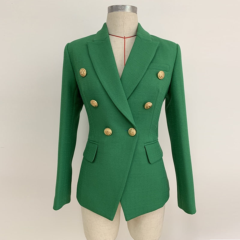 O'DRESSY Designer Double Breasted Lion Buttons Slim Fitting Olive Green Blazer