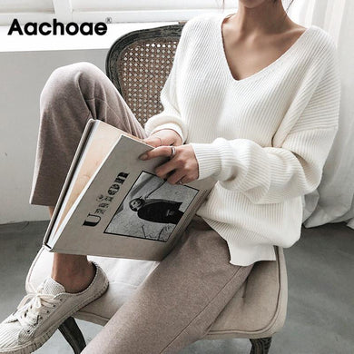 AACHOAE Long Sleeve Cashmere Loose Knitted V Neck Sweater