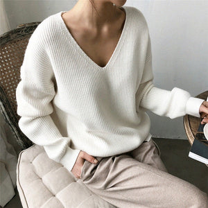 AACHOAE Long Sleeve Cashmere Loose Knitted V Neck Sweater