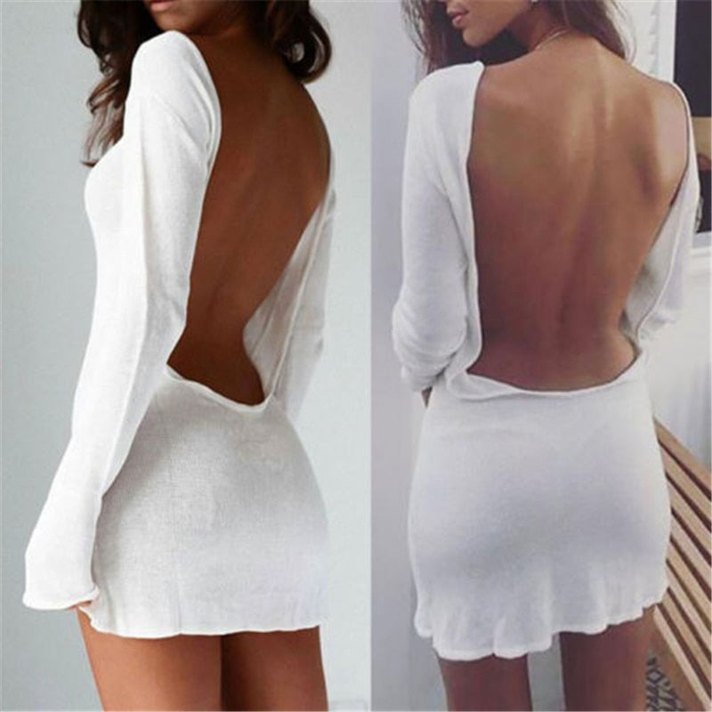 HIRIGIN Women White Mesh Backless Mini Dress
