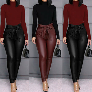 HIRIGIN Belt High Waist Faux Leather Long Pants