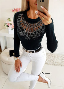 NOMISSMORE Women Slim Patchwork Hollow Out Long Sleeve Top