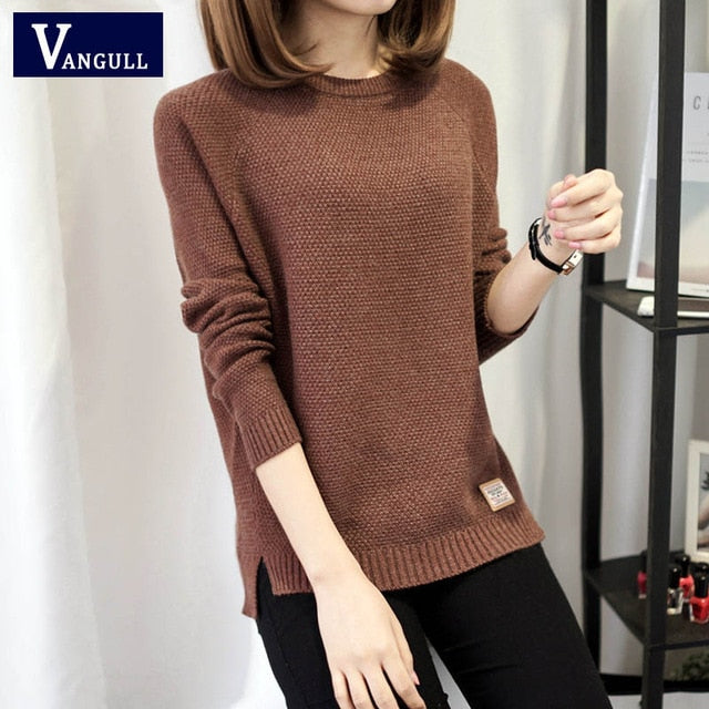VANGULL Women O-Neck Long Sleeve Knitted Sweater
