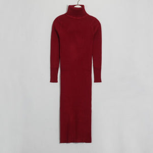 WIXRA Women Knitted Long Knee-Length Turtleneck Dress