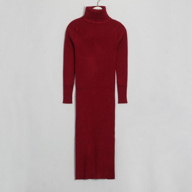 WIXRA Women Knitted Long Knee-Length Turtleneck Dress