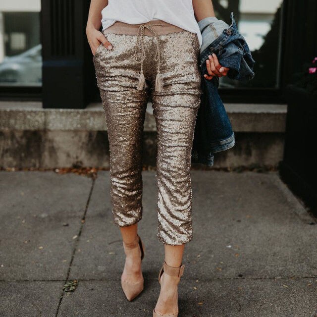 HIRIGIN Women Casual Sequin Glitter Skinny Pants