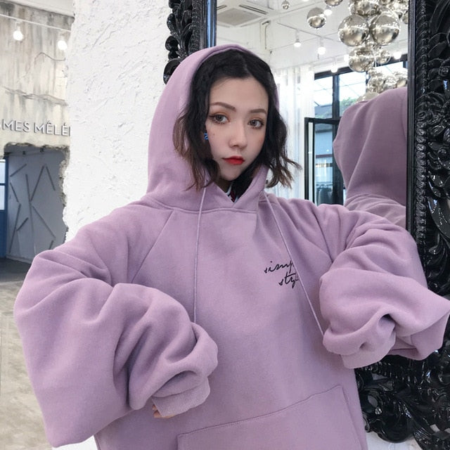 BONNTEE Women Big Pocket Warm Letter Printed Trendy Sweatshirt