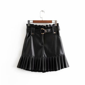 AACHOAE Women Black PU Leather Skirt with Belt