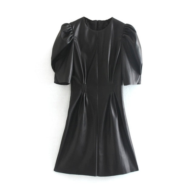 AACHOAE Women O-Neck Faux Leather Dress