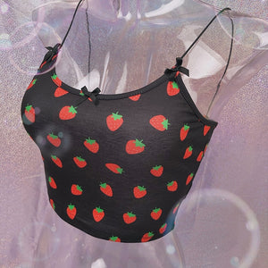 ALLNEON Women Spaghetti Strap Strawberry Print Crop Top