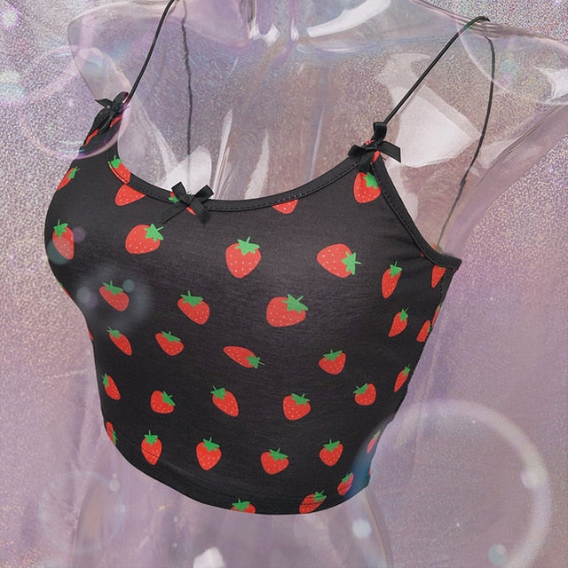 ALLNEON Women Spaghetti Strap Strawberry Print Crop Top