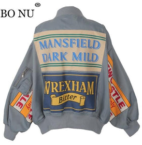 HWLZLTZHT Women Embroidery Patch Design Oversize Bomber Jacket