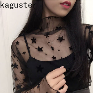 KAGUSTER Women Embroidery Long Sleeve Turtleneck Mesh Top